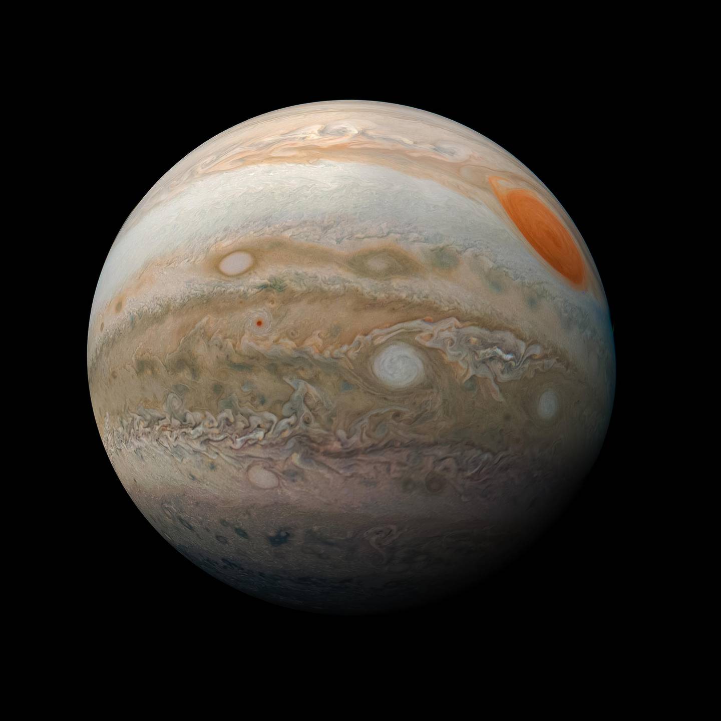 Imagen del planeta tomada por la sonda Juno de la Nasa el 21 de marzo de 2019. Al momento en que se tomaron las imágenes, esa nave espacial se hallaba entre 26.900  y 95.400 kilómetros sobre la sección nubosa del gigante gaseoso. Fotografía: Nasa.