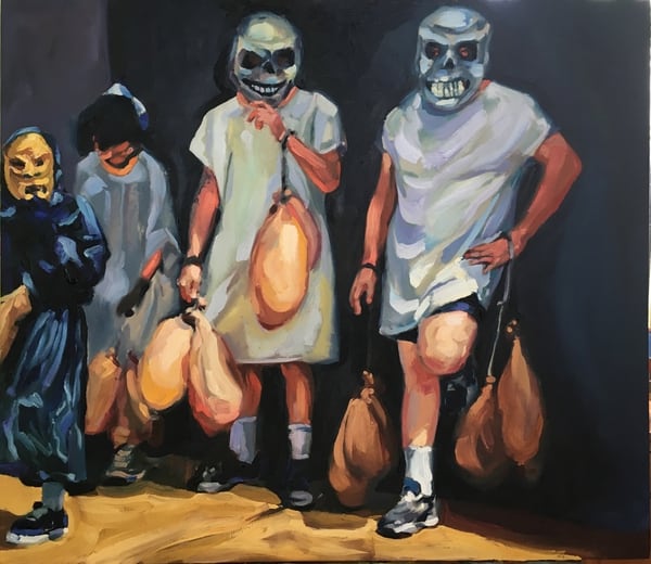 Pintura con conocimiento. Adrián Arguedas muestra en este trabajo pictórico lo lúdico y grotesco en la tradición de la mascarada costarricense. Este óleo sobre tela se titula Agosto II .