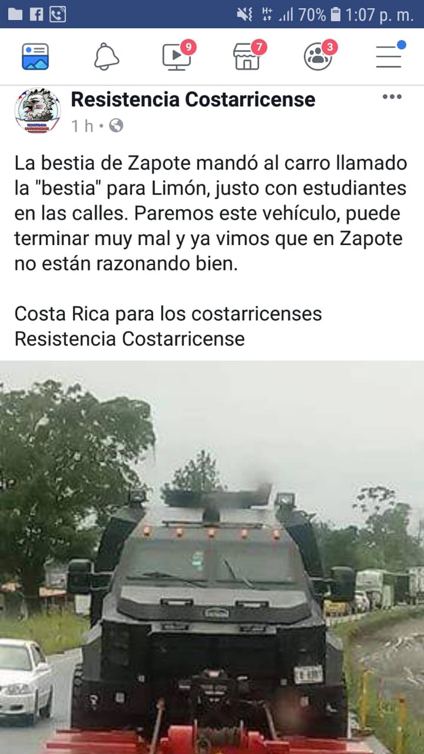 El sitio de Facebook Resistencia Costa Rica dijo que al movimiento se había sumado un vehículo blindado conocido como La Bestia. Se trata de un Ford modelo F3350, propiedad del Organismo de Investigación Judicial (OIJ).