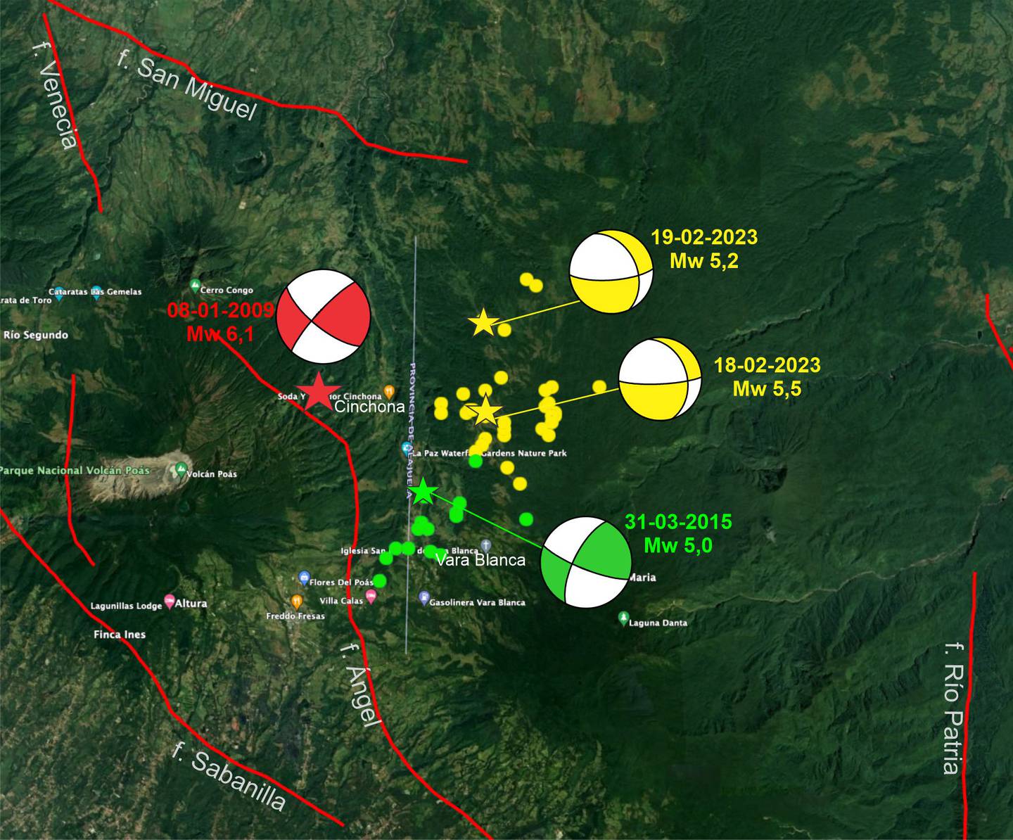 Después del terremoto de Cinchona, en enero del 2009 (estrella roja), se presentó otro foco de sismicidad en el 2015 (estrella verde) y casi ocho años después (estrella amarilla) otra secuencia sísmica remece la zona entre el Poás y el Barva. Imagen: RSN.