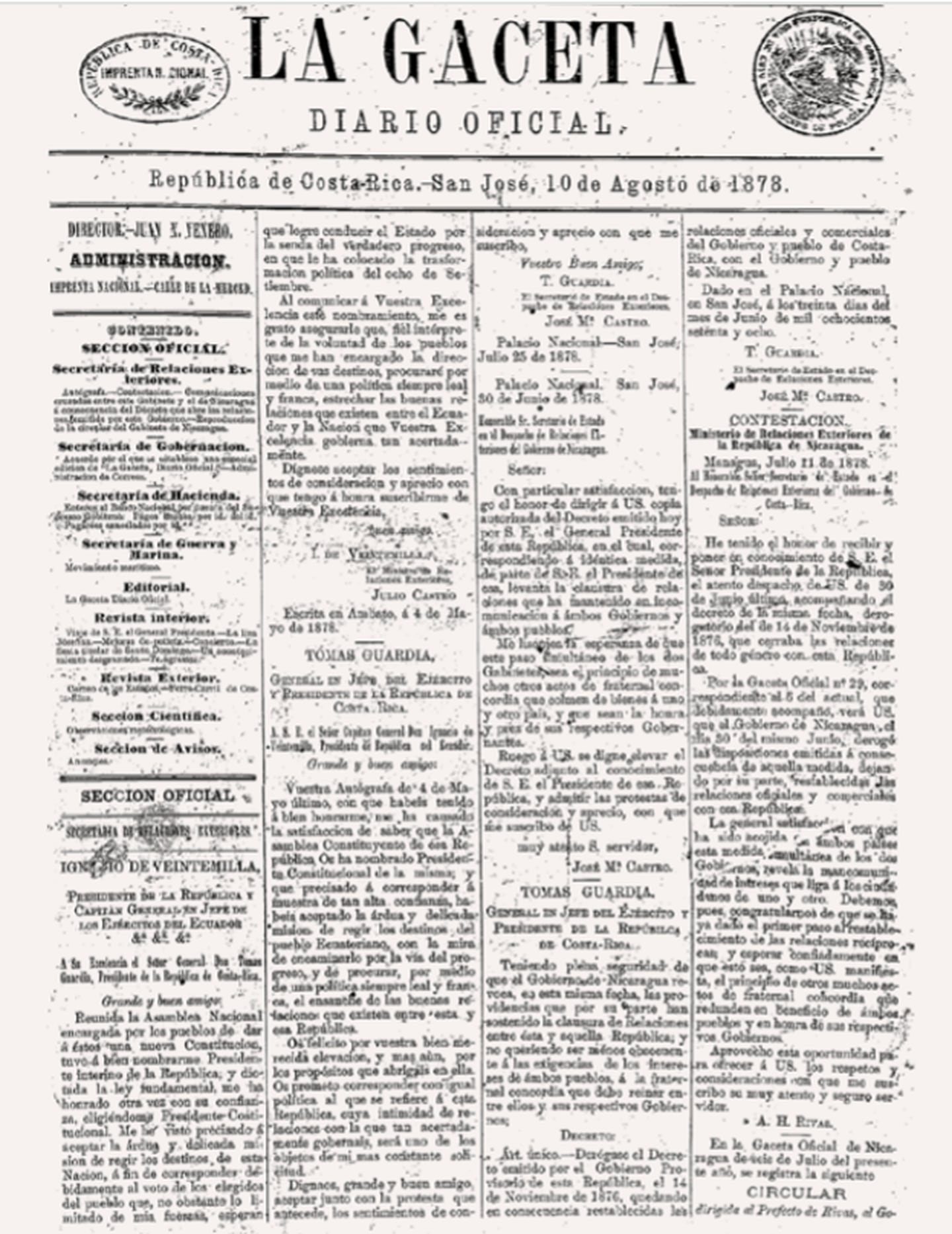 Tal y como puede verse en el encabezado de este ejemplar, en 1878 la Imprenta Nacional creó una edición para el exterior de La Gaceta.