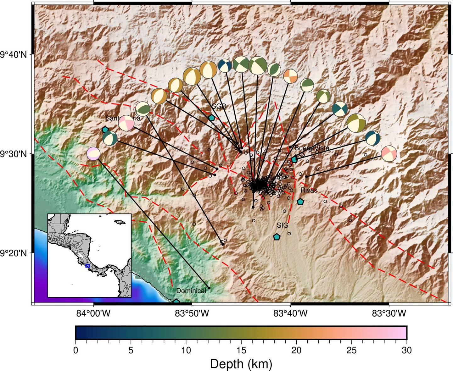 El macizo del cerro de La Muerte está lleno de fallas que tienen potencial para terremotos de hasta 6,5  grados.  Imagen: Ovsicori.
