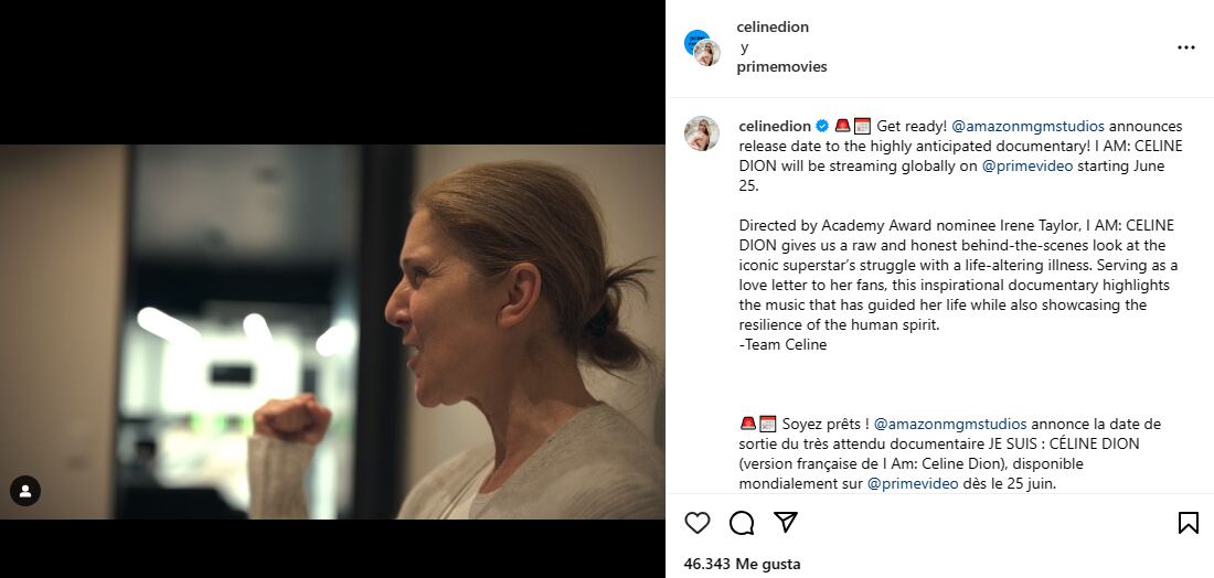 Prime Video compartió en las redes sociales, junto a Céline Dion, la primera imagen en alusión al nuevo documental de la artista.