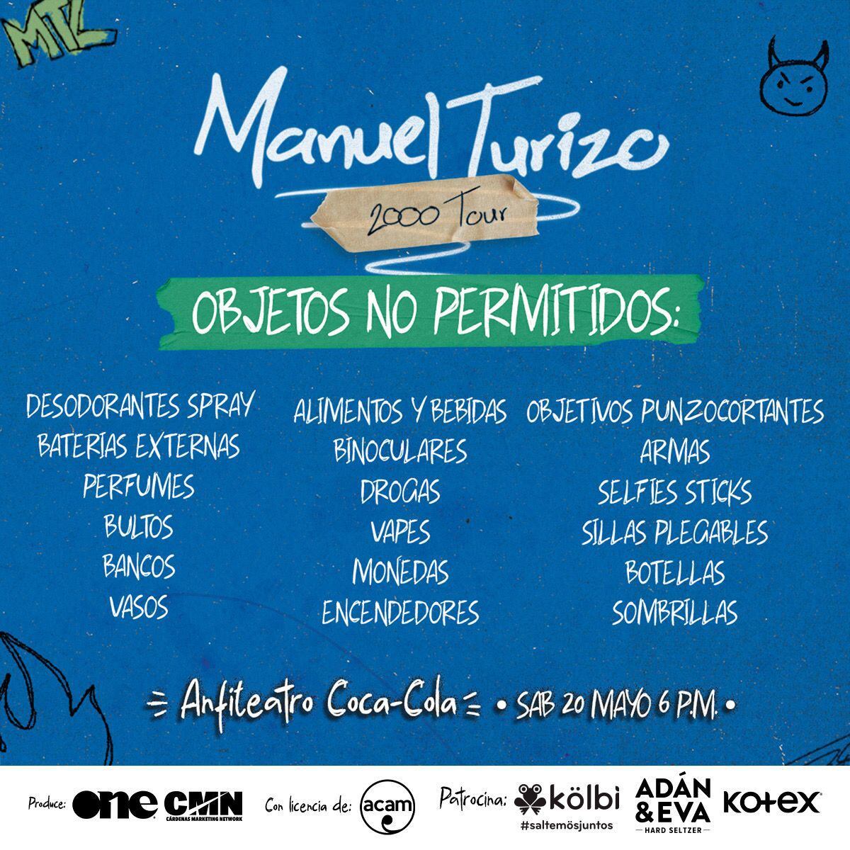 Objetos que no son permitidos ingresar al concierto de Manuel Turizo.
