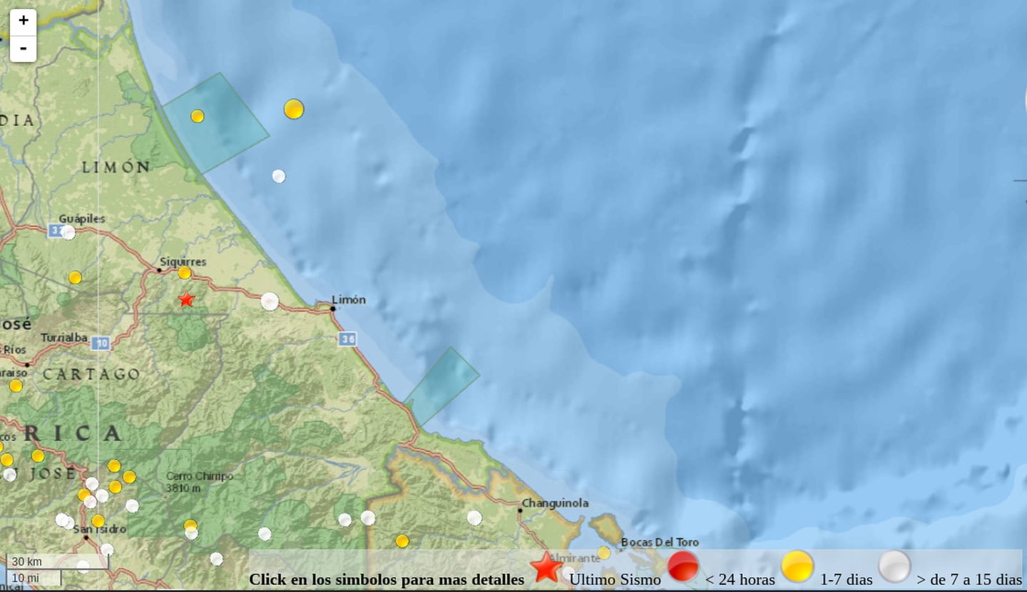 Los recientes sismos han ocurrido al norte de la ciudad de Limón, en la placa Caribe, algunos de ellos bajo el lecho marino. Imagen: Ovsicori.