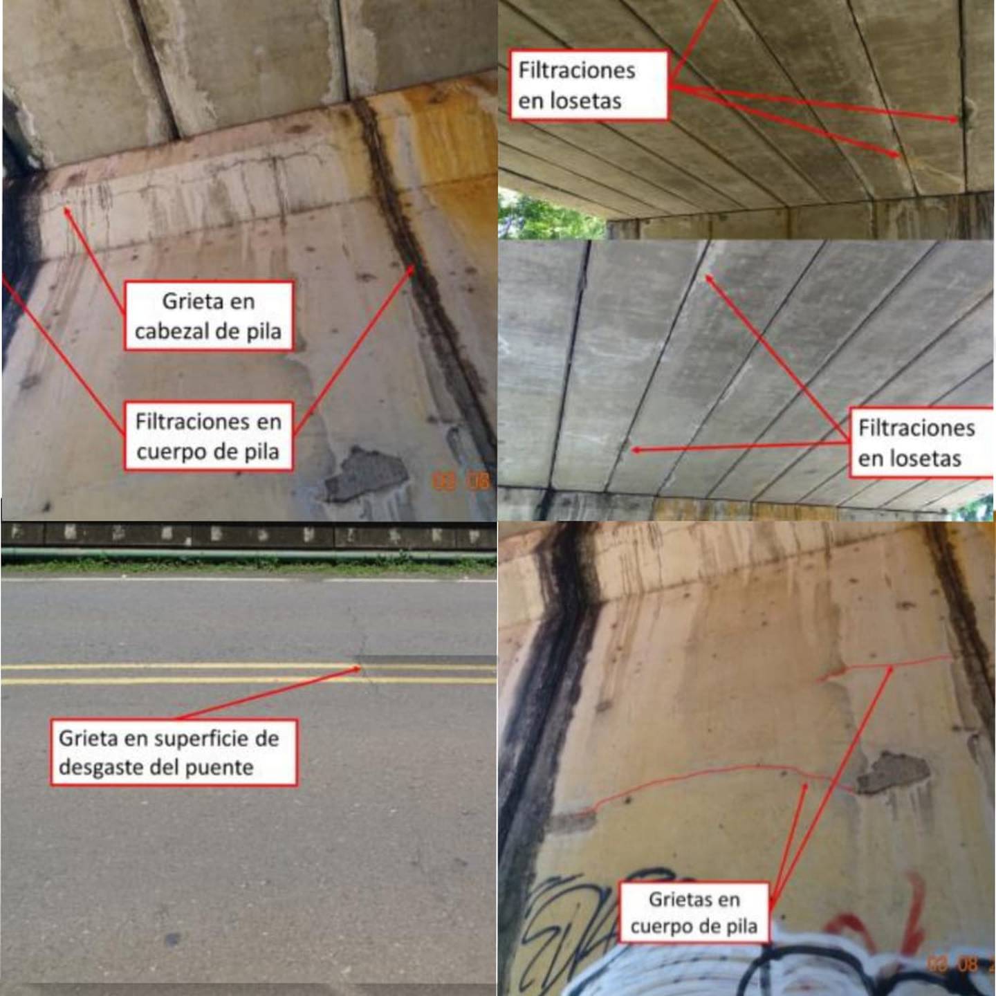 Algunos de los defectos documentados en el informe del puente sobre la ruta 27 en Coyolar. Foto:Lanamme.
