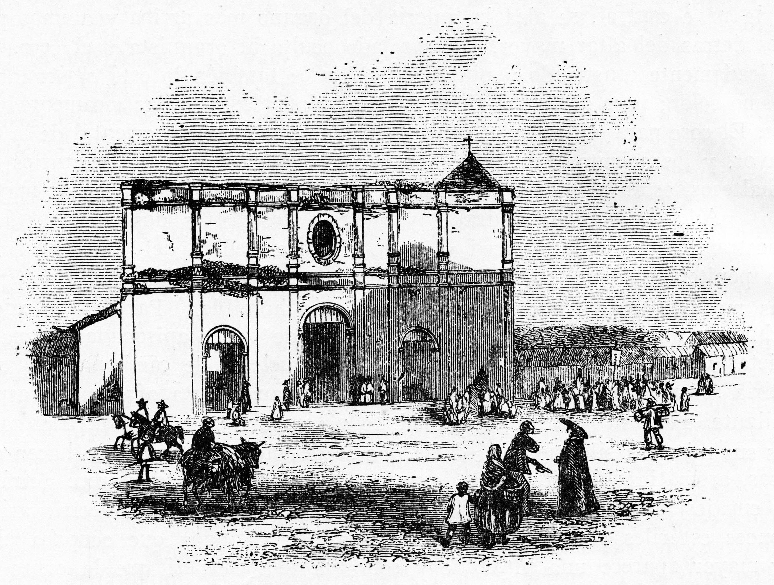La vieja iglesia parroquial de San José (para entonces catedral) vista desde la Plaza Principal, en 1858. Grabado de la época por Ramón Páez.