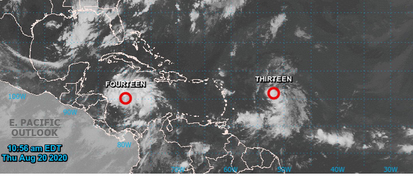 La depresión tropical N.°14 en el círculo rojo cercano a Centroamerica constituye el primer ciclón que ejercerá influencia indirecta en nuestro país este año. Imagen: Centro Nal. de Huracanes.