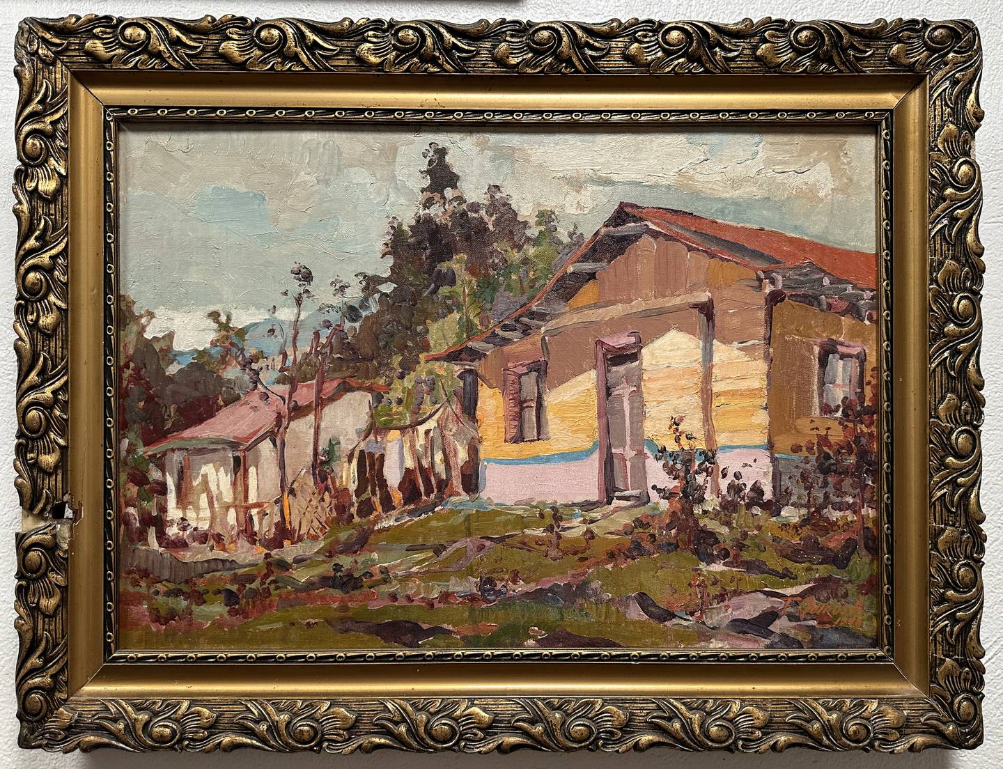 Óleo sobre tela llamado 'Casas de Tibás', de Teodorico Quirós. Es una pintura 1946, que mide 42 x 63 cm.