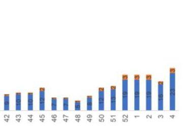 Comportamiento de las muertes relacionadas con la covid-19. La barra azul corresponde a la cantidad total de fallecidos y la anaranjada al promedio diario de muertes. Las semanas 1, 2, 3 y 4 corresponden al mes de enero del 2023. 