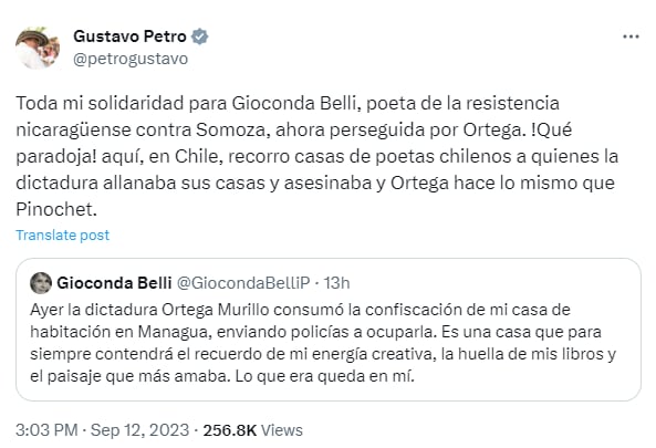 Gustavo Petro también exguerrillero arremetió contra el presidente Daniel Ortega por la represión en su país. 