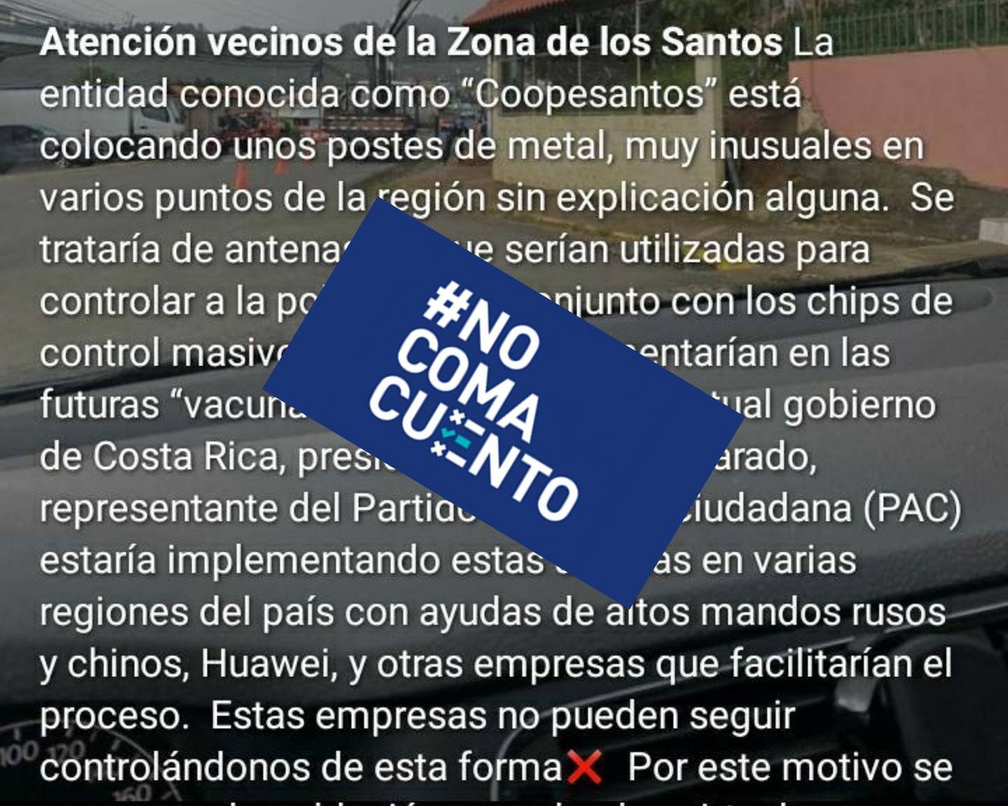 Esta falsa publicación, que circula en redes sociales, asegura que Coopesantos está instalando postes en la zona de Los Santos "para controlar a la población".