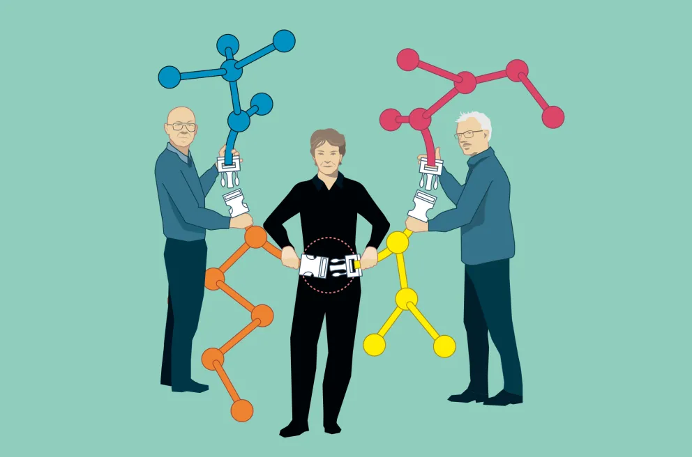 En esta ilustración se ven los tres ganadores del Nobel: Barry Sharpless, Carolyn Bertozzi y Morten Meldal con los descubrimientos que los hicieron merecedores del Nobel. Ilustración: Fundación Nobel