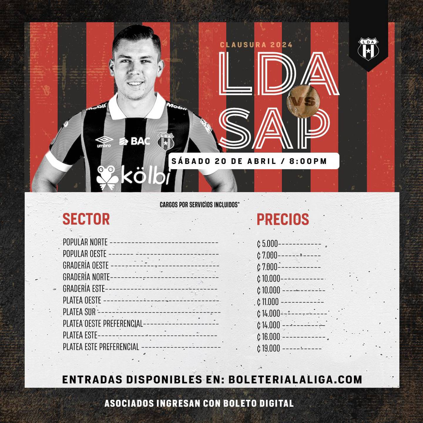 Las entradas para el clásico entre Liga Deportiva Alajuelense y Saprissa están disponibles en boleterialaliga.com desde el viernes 12 de abril.