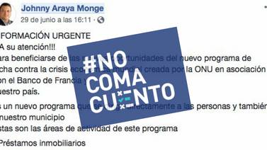 #NoComaCuento: Perfil falso de Johnny Araya ofrece préstamos en Facebook