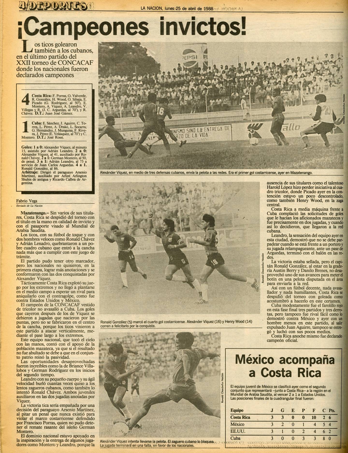 Esta fue la página publicada por La Nación del 25 de abril de 1988 sobre los Carasucias, titulada: ¡Campeones invictos!