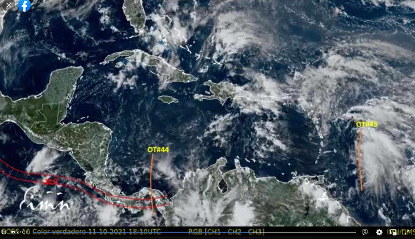 La zona de convergencia (entre líneas rojas) está sobre parte de nuestro territorio y genera lluvias. El mapa también marca (amarillo) dos ondas tropicales, una llega este martes. Imagen IMN.