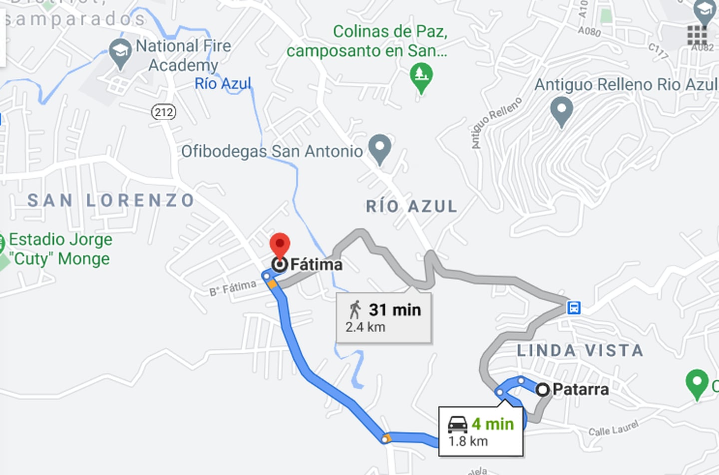 El homicidio fue en Fátima de Damas. Los sospechosos cayeron en Patarrá cuando intentaban ocultarse del operativo policial. Imagen: Google Maps.