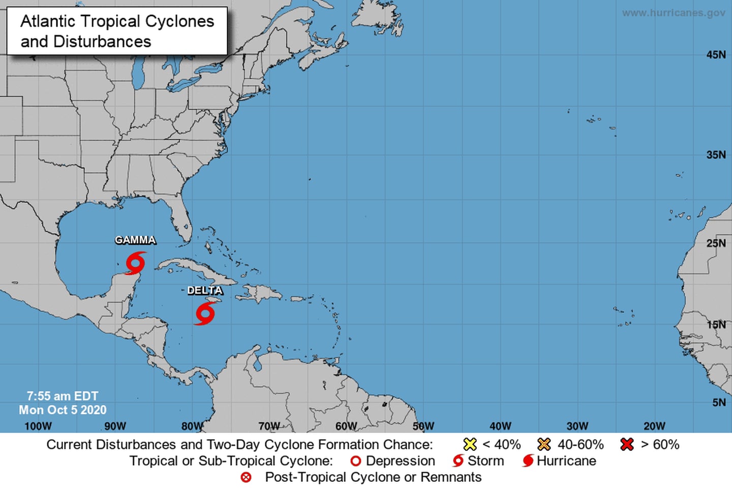 Las dos tormentas tropicales del Caribe tienen alto potencial de pasar a huracán en las próximas horas. De momento solo Delta ejercería influencia en nuestro territorio. Imagen: Centro Nacional de Huracanes.