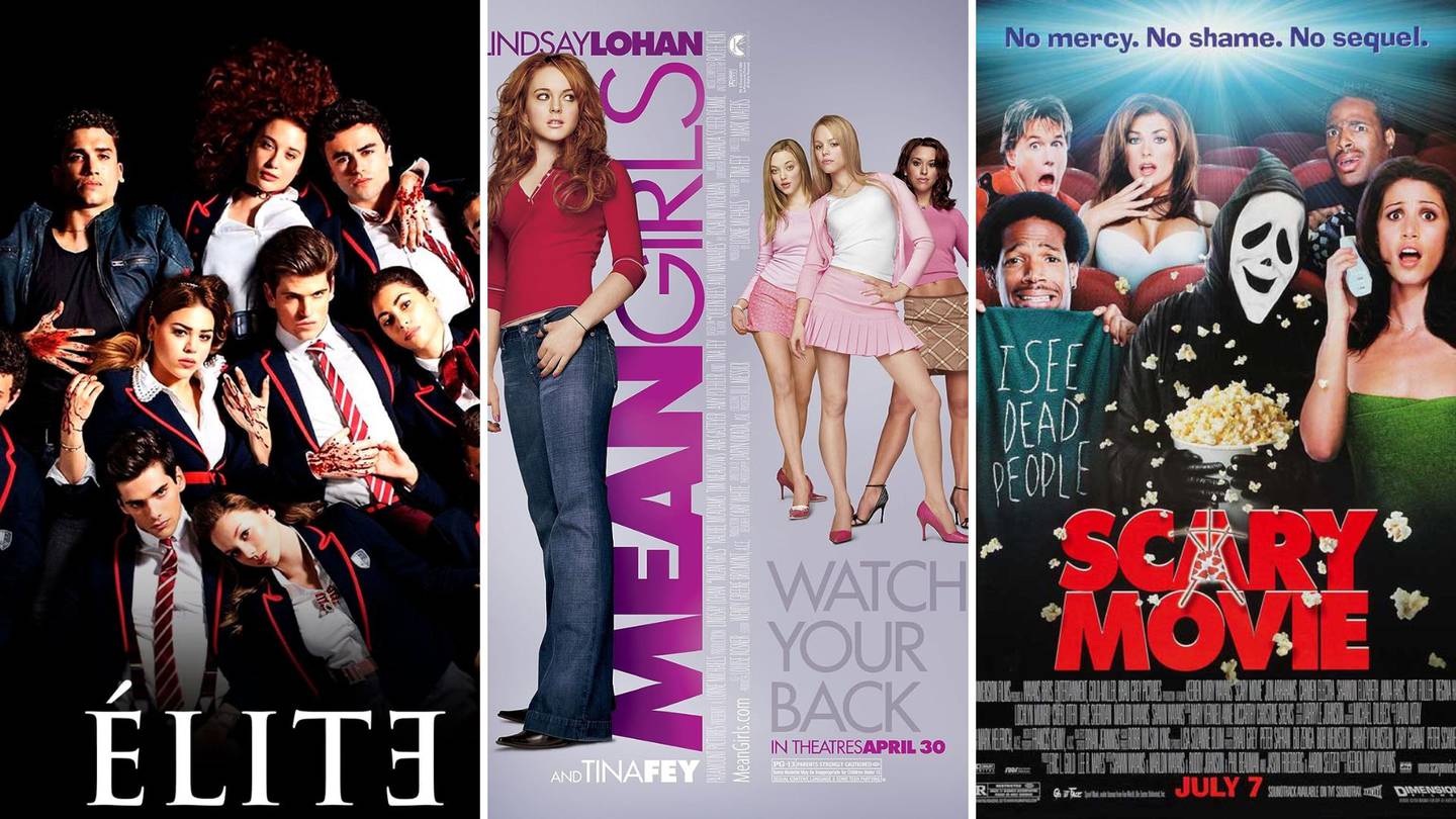 Los estrenos de Netflix en octubre se adaptan para todos los gustos, como con la serie 'Élite' o las películas 'Mean Girls' y 'Scary Movie' (de izq a der).