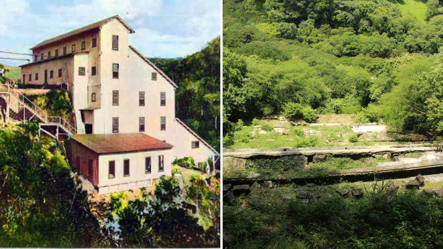 El edificio de Los Mazos recibía y procesaba los yacimientos rocosos. (En la izquierda foto de la antigua edificación y en la derecha foto de las actuales ruinas)