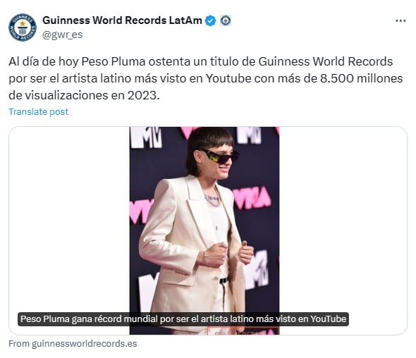 El cantante Peso Pluma ostenta su primer Récord Guinness en YouTube por superar una gran cifra de reproducciones.