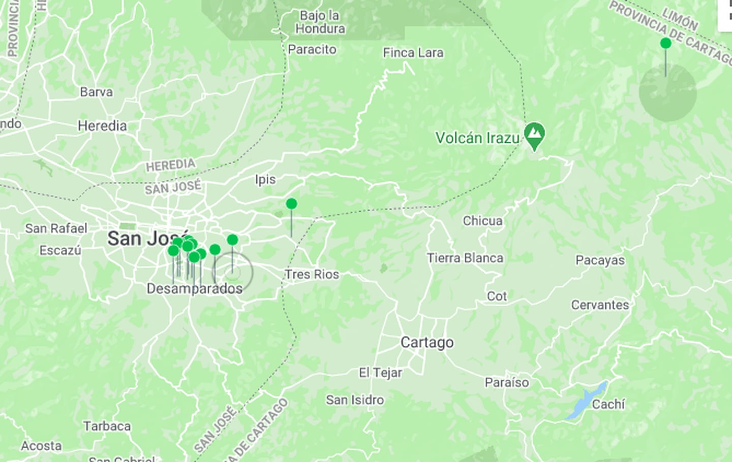 Dos de los 14 temblores tuvieron su epicentro en el cementerio de Desamparados, según la RSN. Imagen: RSN.