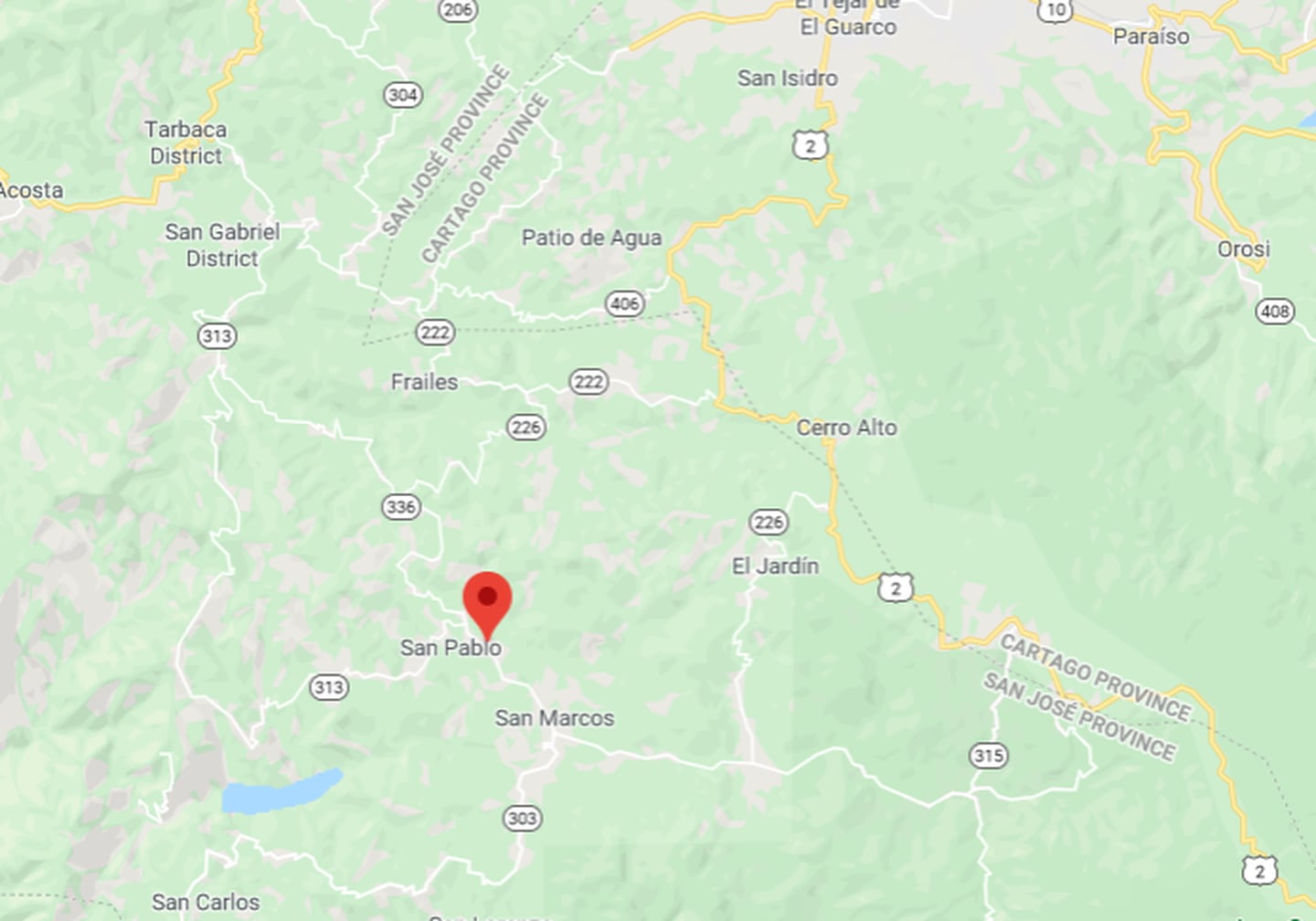 El hallazgo de dos mujeres sin vida en San Pablo de León Cortés esta tarde genera la movilización policial para ver si tiene relación con un incendio en la zona. Imagen: Google maps.
