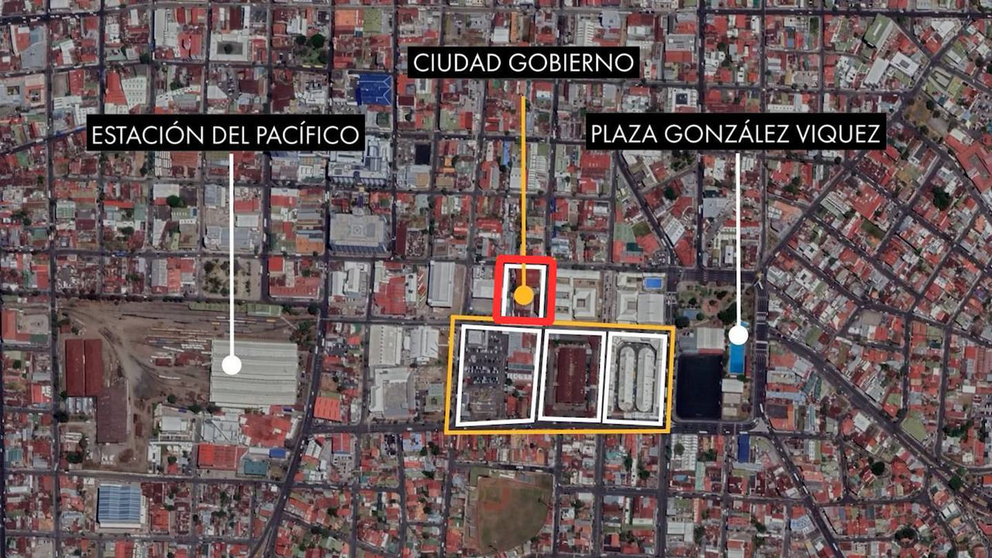 En la imagen se observan demarcadas en color blanco las cuatro cuadras en las que se pretende desarrollar Ciudad Gobierno. De color rojo se señala la propiedad del Liceo de Costa Rica sobre la que pesa una medida cautelar.