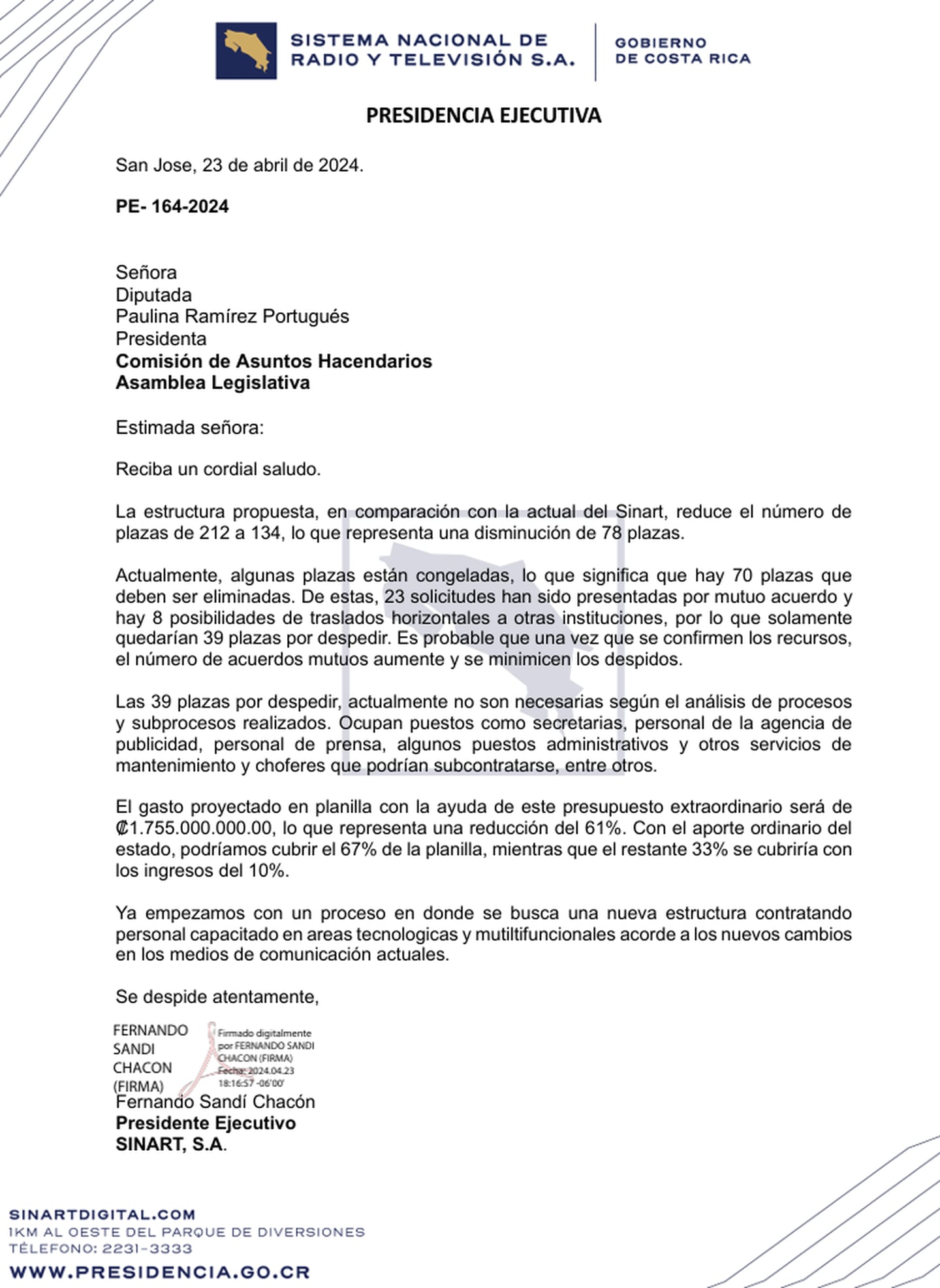 Nota enviada por Fernando Sandí, presidente del Sinart, para comunicar despidos a comisión del Congreso