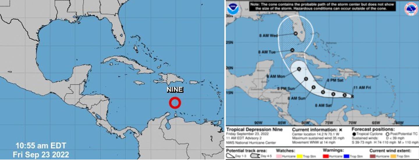 La depresión N.° 9 podría transformarse en las próximas horas en  la tormenta tropical Hermine, se prevé que la afectación en nuestro país sea indirecta. Imagen: Centro Nacional de Huracanes.