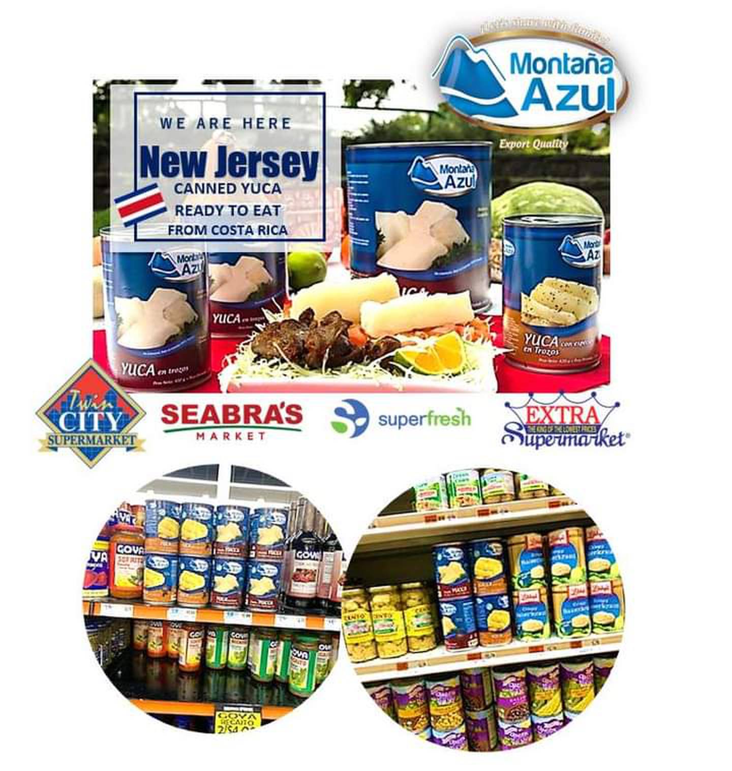 La empresa familiar costarricense Montaña Azul colocó yuca enlatada lista para consumidor en anaqueles de supermercados de Nueva Jersey, con su propia marca. Foto: Cortesía de la empresa