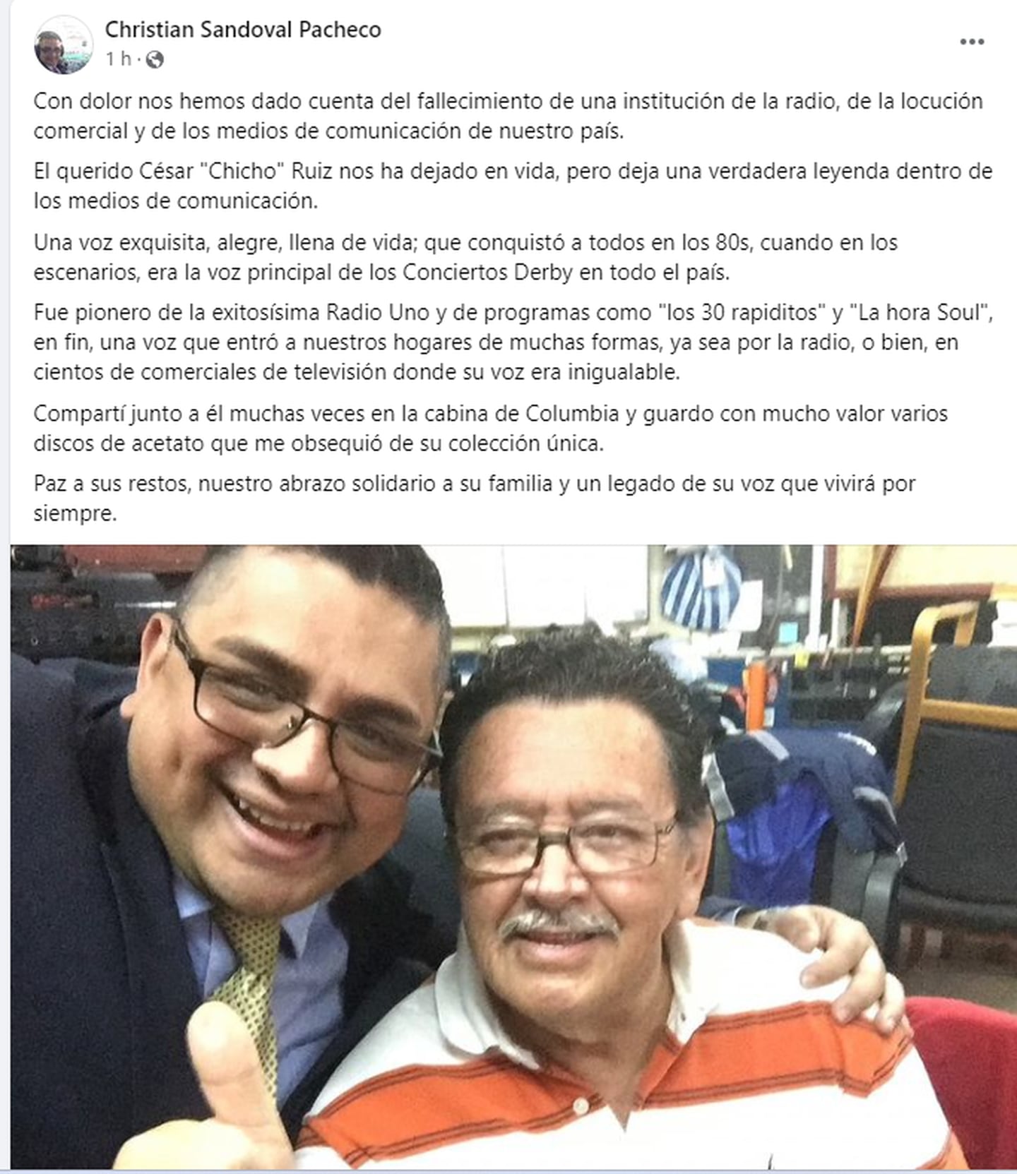 El periodista Christian Sandoval Pacheco se despidió de César 'Chicho' Ruiz en sus redes sociales con unas palabras muy emotivas.