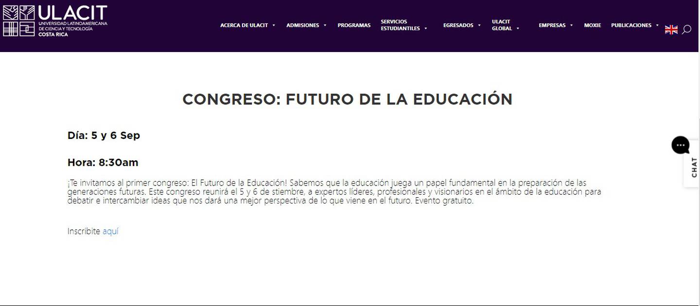En la página de la universidad organizadora del Primer Congreso Futuro de la Educación se anunció la actividad con incorrecciones.