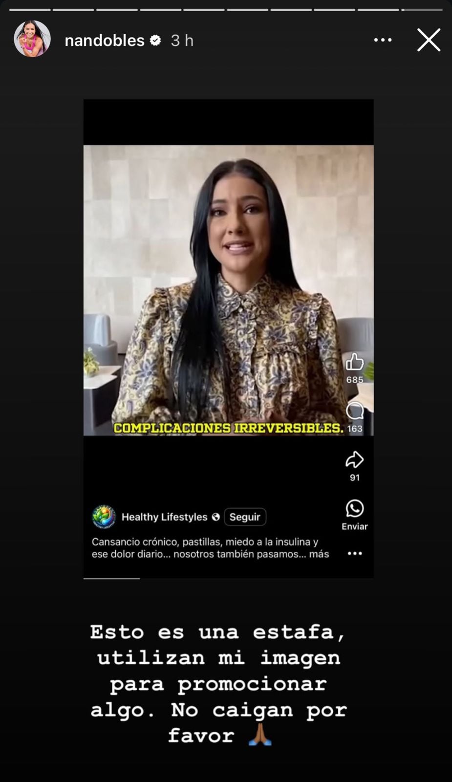 Nancy Dobles denuncia estafa con su imagen a través de su Instagram oficial.