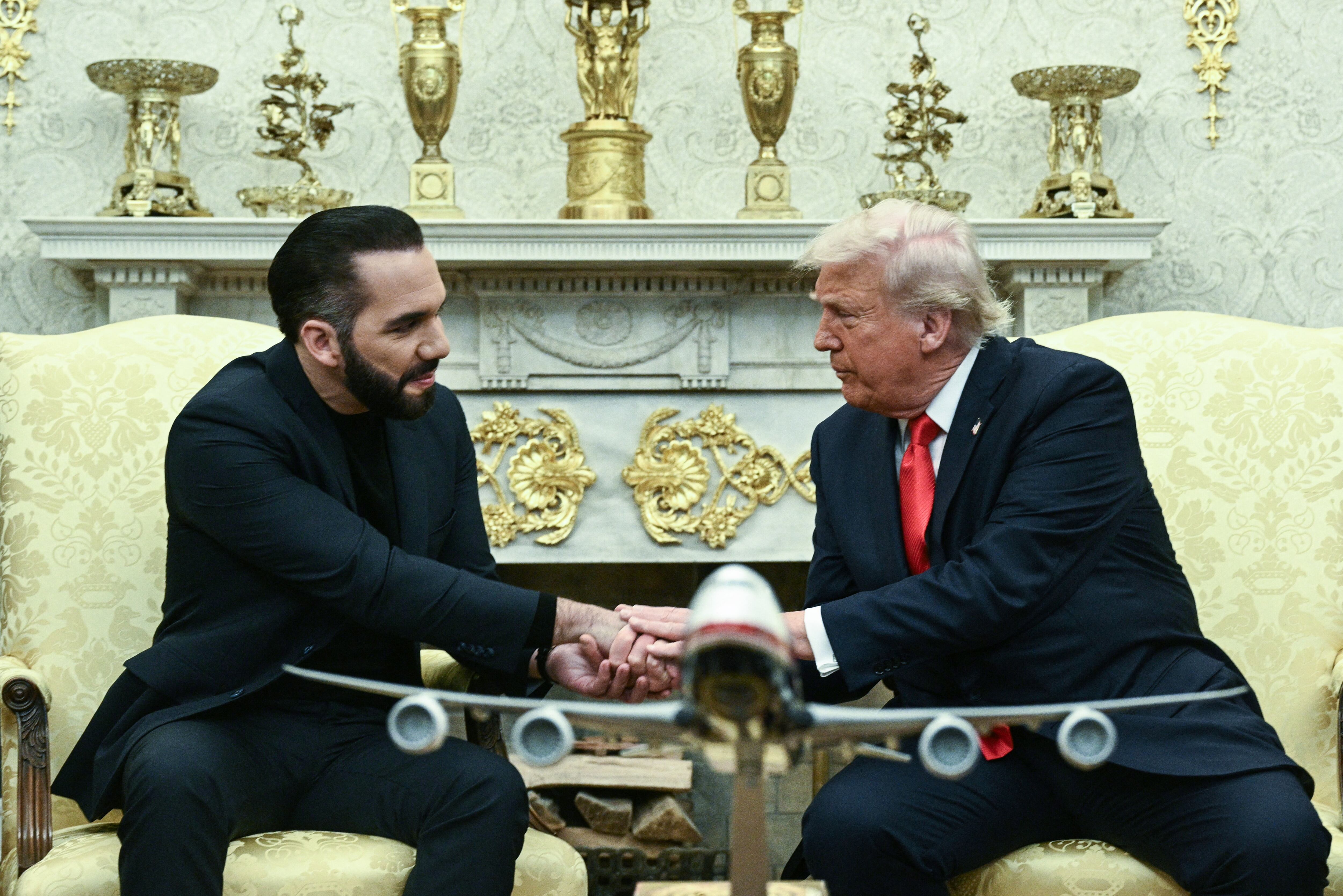 US President Donald Trump meets with El Salvador's President Nayib Bukele in the Oval Office of the White House in Washington, DC, April 14, 2025. Trump on Monday hosted El Salvador's President Nayib Bukele, the self-described "world's coolest dictator" who is now the US leader's key ally in a controversial push to deport illegal migrants to a notorious Salvadoran prison. The meeting comes as the White House faces pressure over the case of a father who was mistakenly deported to the jail in the Central American country -- whose return a US court has ordered the Trump adminstration to facilitate (Photo by Brendan SMIALOWSKI / AFP)