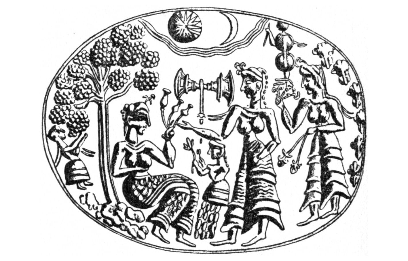 Dibujo del motivo de un anillo de oro de Micenas que representa a una diosa sosteniendo tres amapolas; al fondo, un labrys (hacha doble), Grecia.