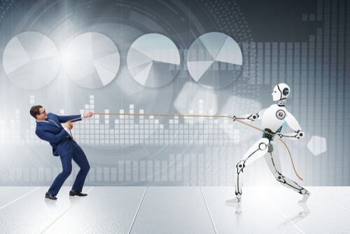 Un hombre y una inteligencia artificial tiran de una cuerda para ilustrar el equilibrio entre innovación, derechos de los usuarios y competencia justa.