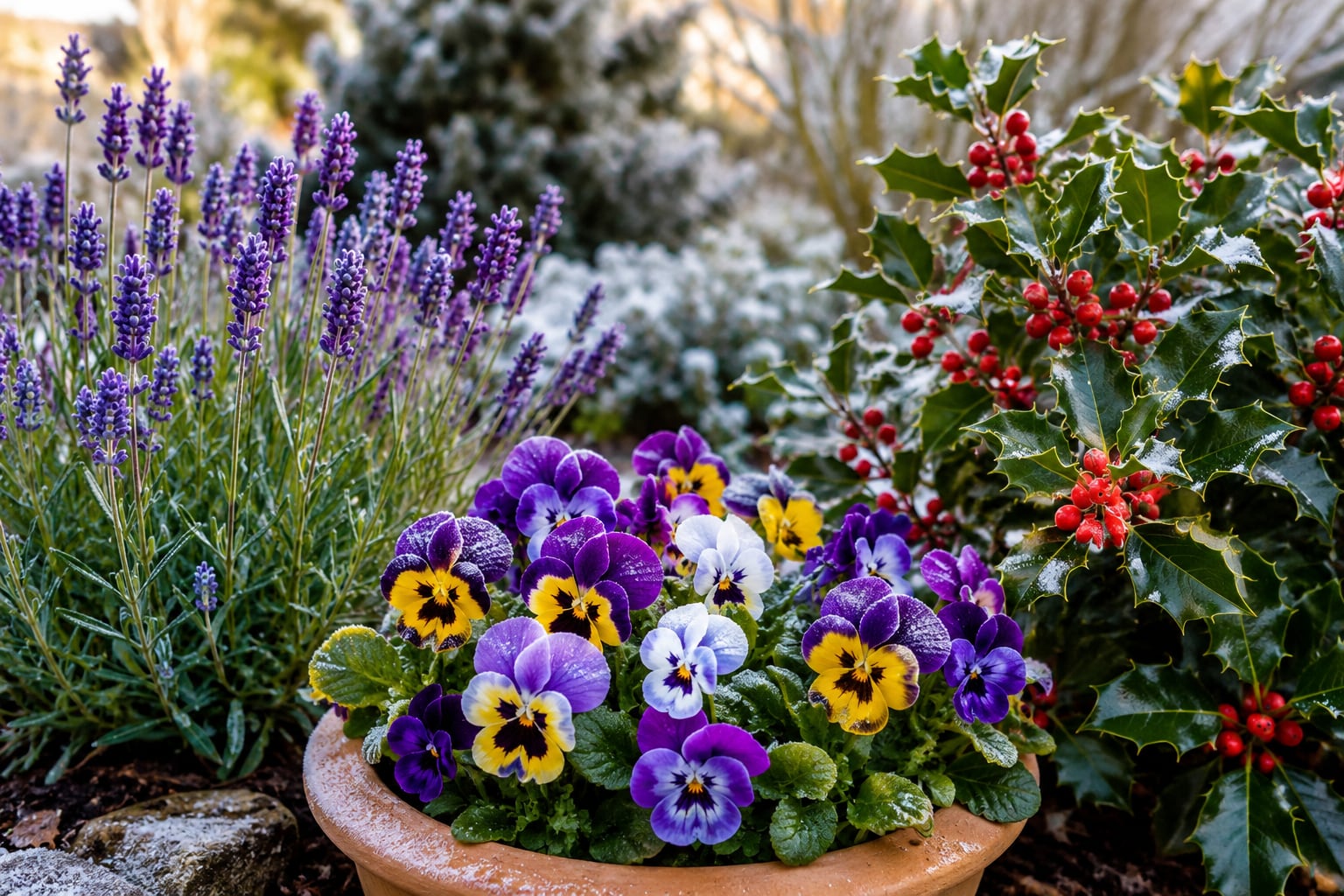 Lavanda, pensamiento y acebo sobresalen por su resistencia al invierno y por mantener jardines vistosos durante los meses más fríos.