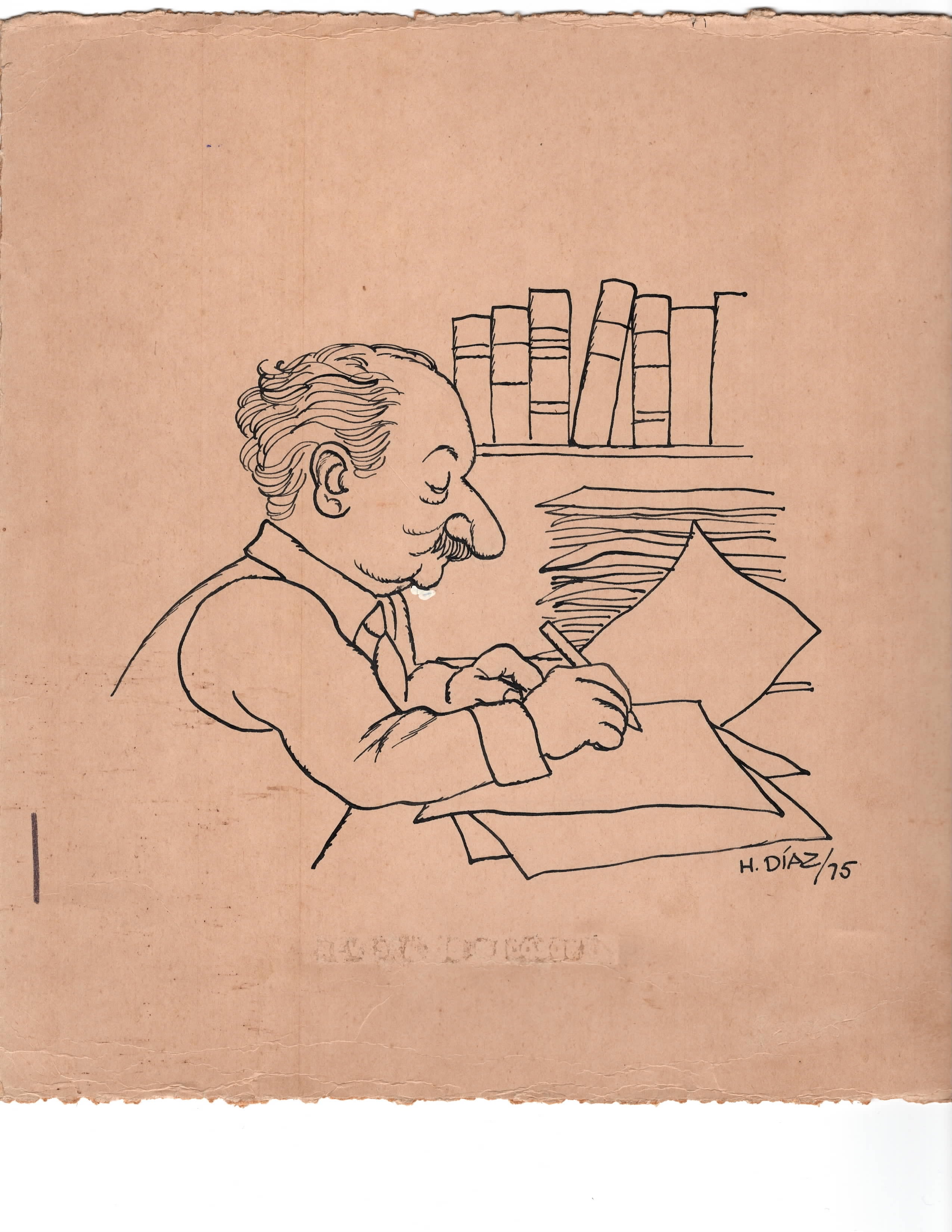 Caricatura de Martin Heidegger dibujada por Hugo Díaz en 1975, mostrando al filósofo sentado en un escritorio escribiendo, con una estantería llena de libros y una pila de papeles en el fondo, destacando su concentración y perfil característico.