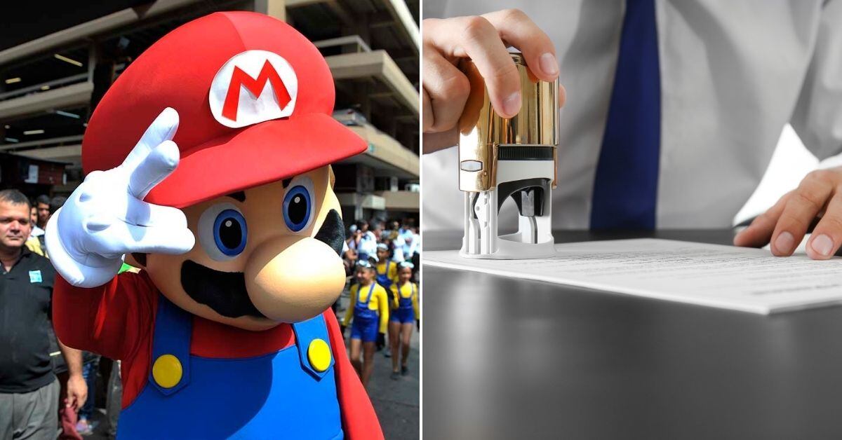 Fotomontaje con una persona disfrazada de Mario Bros en un evento y una mano sellando un documento legal, representando la disputa entre la tienda Súper Mario de San Ramón y Nintendo por el registro de marca en Costa Rica.