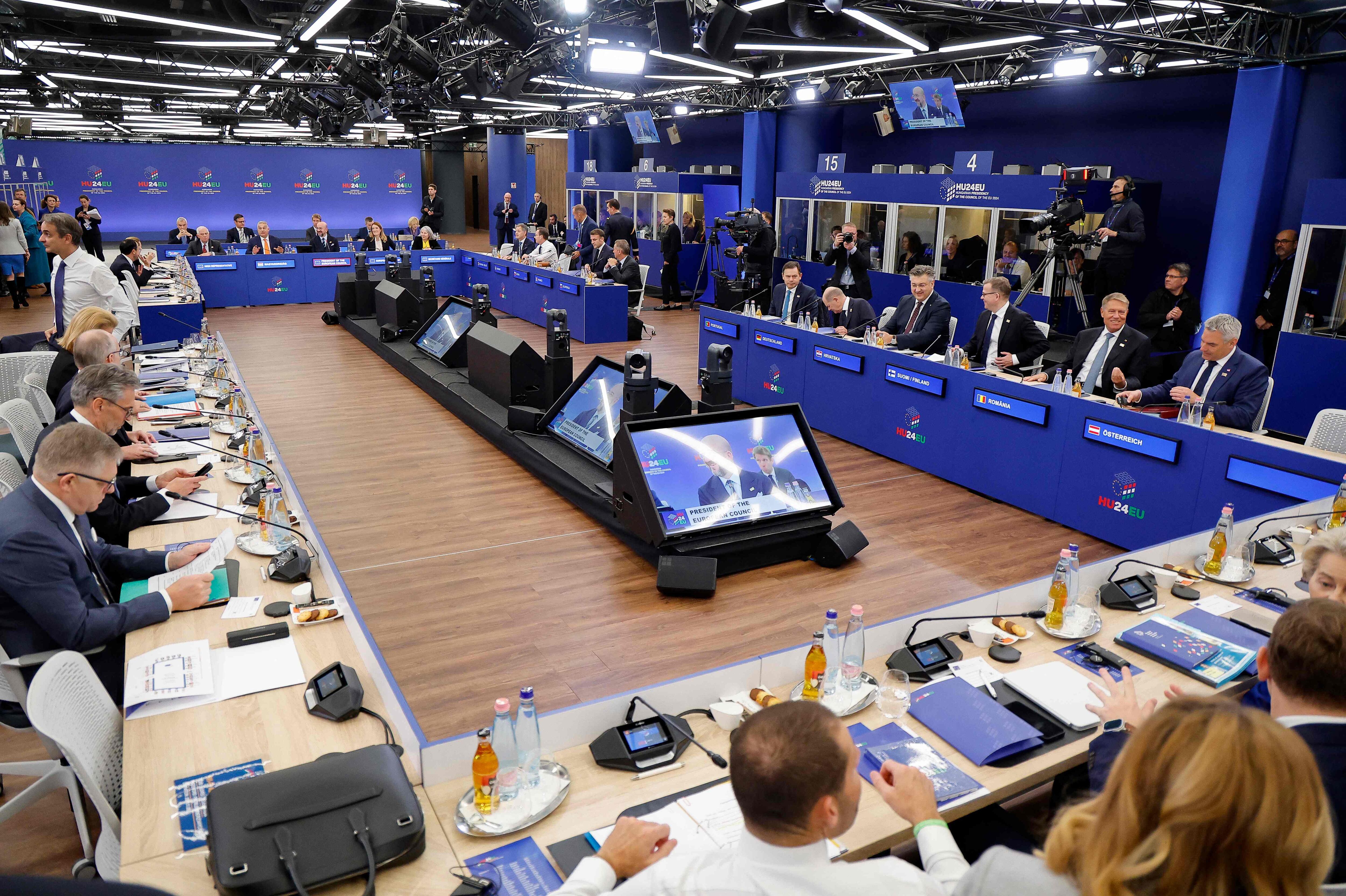 This photograph shows a general view during a plenary session at the Informal Meeting of Heads of State or Government of the European Union in Budapest, on November 8, 2024. The fifth meeting of the European Political Community will see leaders from across Europe in Budapest and will address security challenges, including the war in Ukraine and the ongoing escalation in the Middle East. (Photo by Ludovic MARIN / AFP)