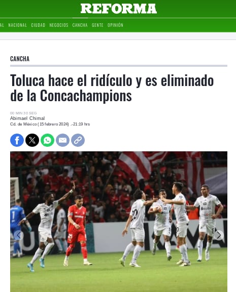 Herediano
Reacción de la prensa mexicana al triunfo del Herediano ante Toluca por la Concacaf Liga de Campeones
15 de febrero del 2024
Tomada de redes sociales