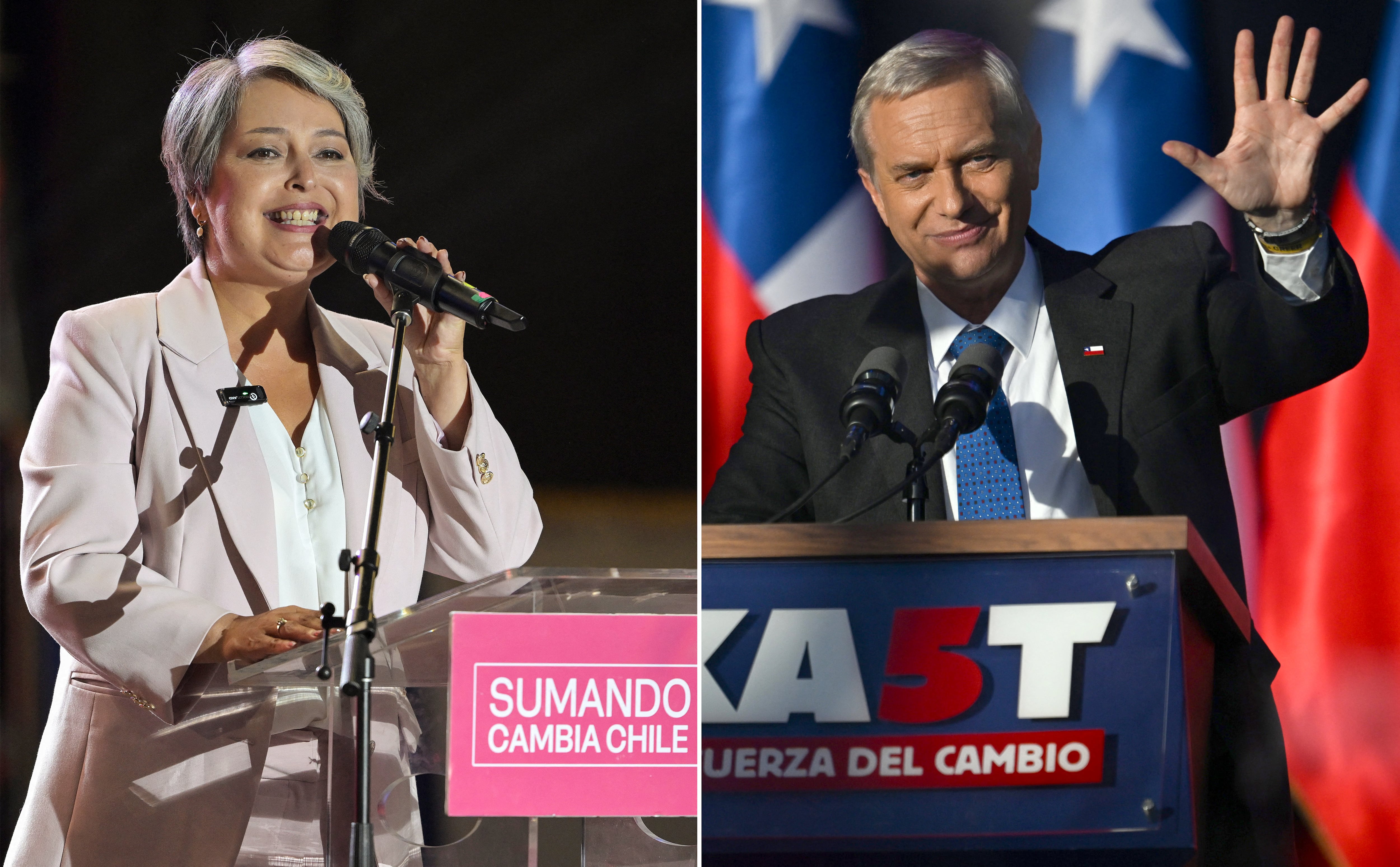 Jeannette Jara, candidata de la coalición Unidad por Chile, y José Antonio Kast, del Partido Republicano, durante los cierres de sus campañas antes de la segunda vuelta presidencial, marcada por propuestas opuestas en seguridad e inmigración.