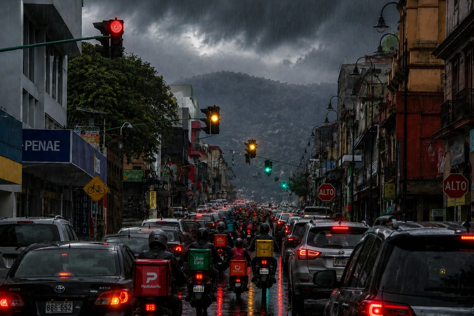 Fin de la tarde e inicio de la noche entre presas y semáforos en verde, amarillo y rojo