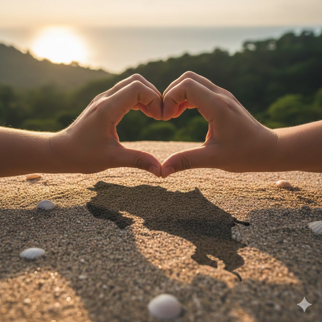 Ilustración generada con IA: manos formando un corazón sobre el mapa de Costa Rica