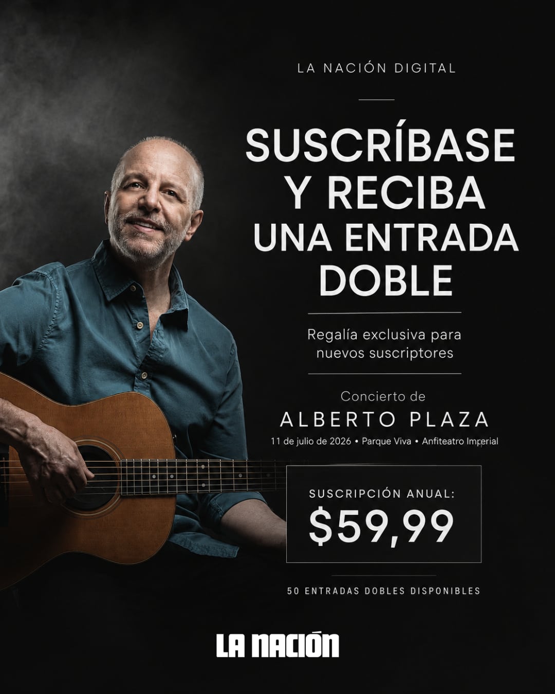 Alberto Plaza se presentará en Costa Rica el 11 de julio de 2026 en el Anfiteatro Imperial de Parque Viva. La Nación Digital ofrece entradas dobles como regalía para nuevos suscriptores de la suscripción anual.