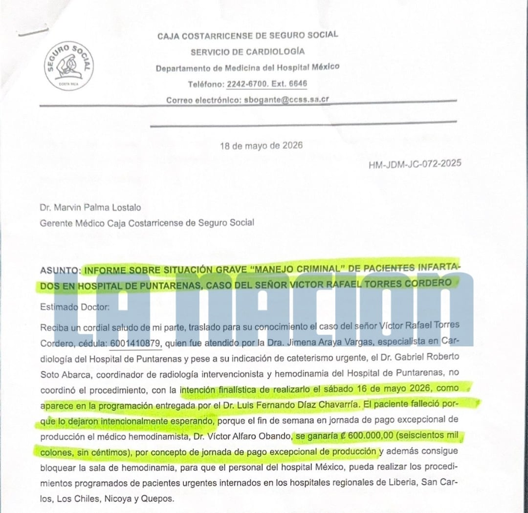 Denuncia presentada por la doctora Sofía Bogantes ante la gerencia médica de la CCSS.
