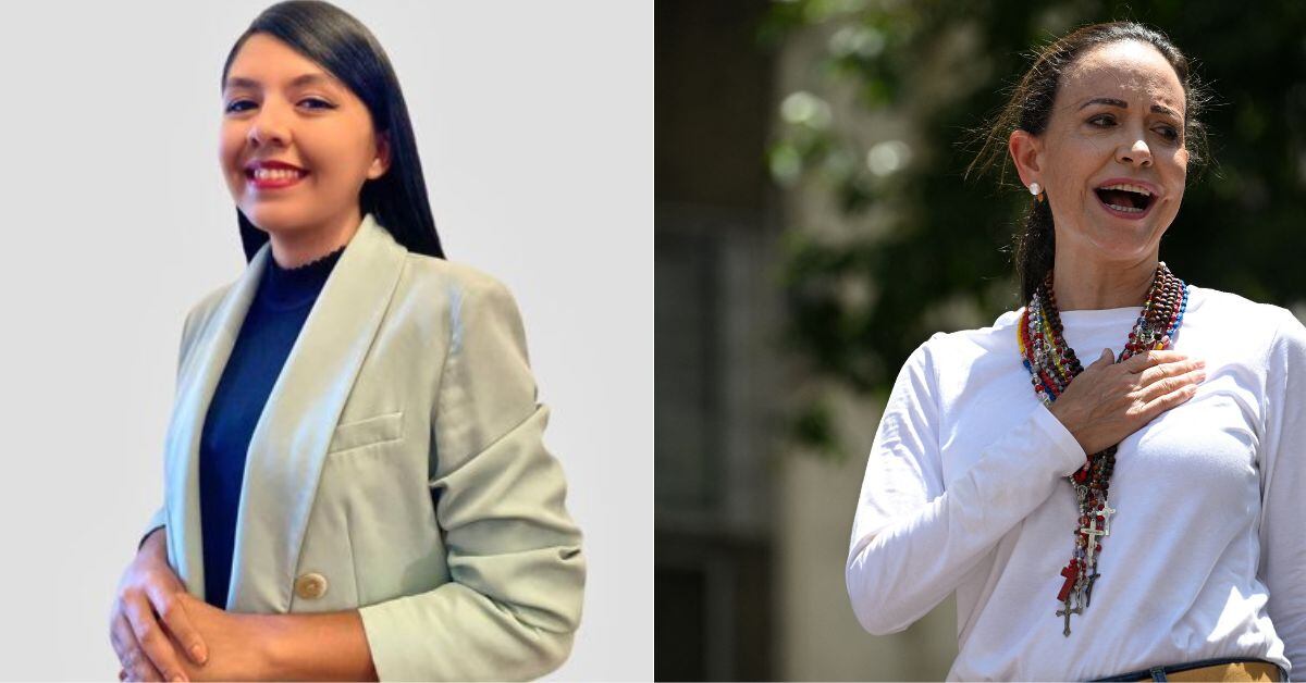 María Oropeza (a la izquierda en la imagen), colaboradora de la líder opositora venezolana María Corina Machado (a la derecha en la imagen), grabó este martes el momento en el que funcionarios de la Dirección de Contrainteligencia Militar derribaban la puerta de su casa e ingresaban para detenerla. El arresto de Oropeza, denunciado y reprochado por Machado en redes, ocurrió horas después de que la colaboradora criticara una campaña oficial del cuestionado gobierno de Nicolás Maduro.