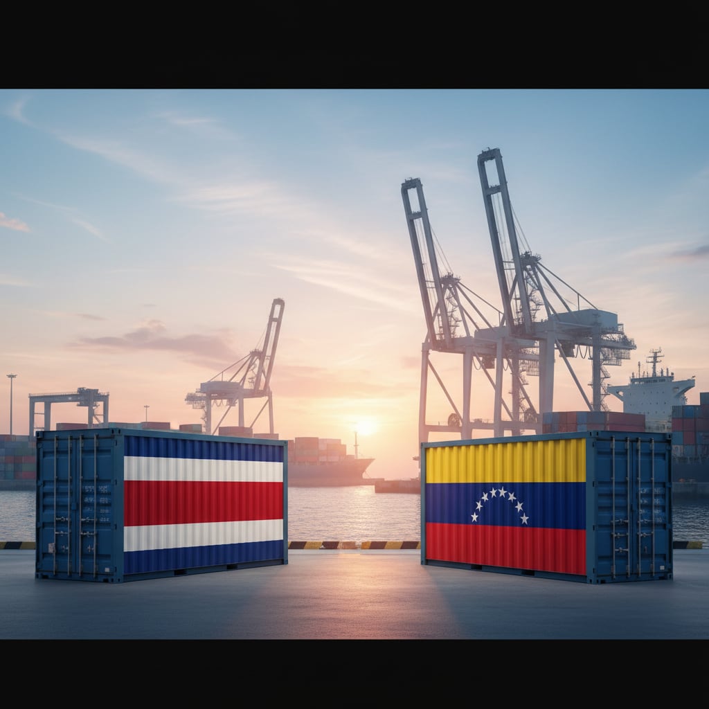 Contenedores con las banderas de Costa Rica y Venezuela representan el comercio bilateral, en el que Costa Rica registra superávit comercial desde 2023.
